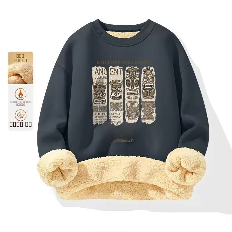 

Ретро-американский мужской свитшот из овечьего вельвета с флисовой подкладкой, утепленный, с круглым вырезом, для студентов, зимняя теплая верхняя одежда, модный, 2 полиэстера...