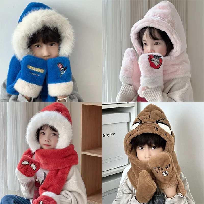 

Hat Scarf Gloves Set Cartoon Plush Winter Warm Ear Protection Cap for Boys Girls Spider - Man Character