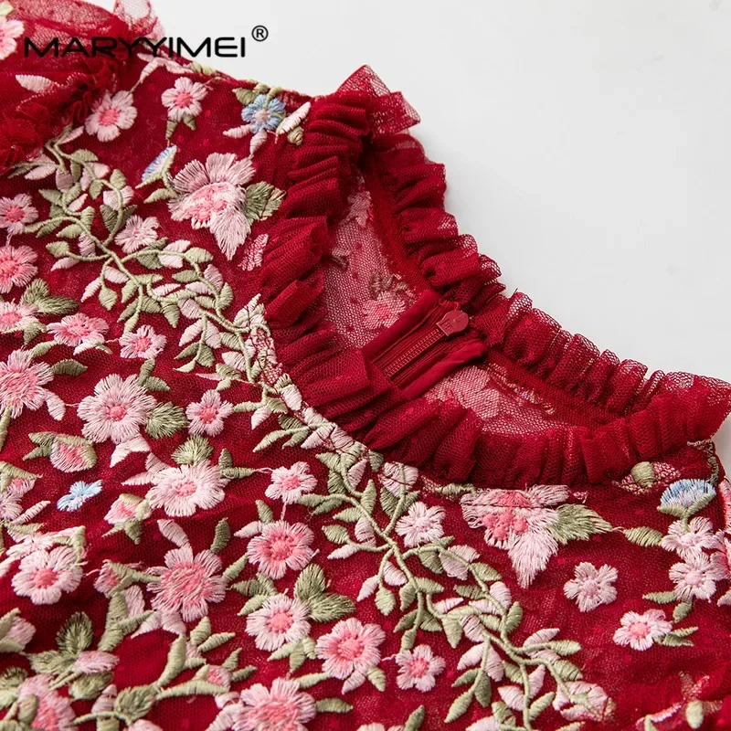 MARYYIMEI ヴィンテージファッションデザイナードレス女性のメッシュ刺繍半透明ランタンスリーブスリムレッドミディドレス 2023 最新