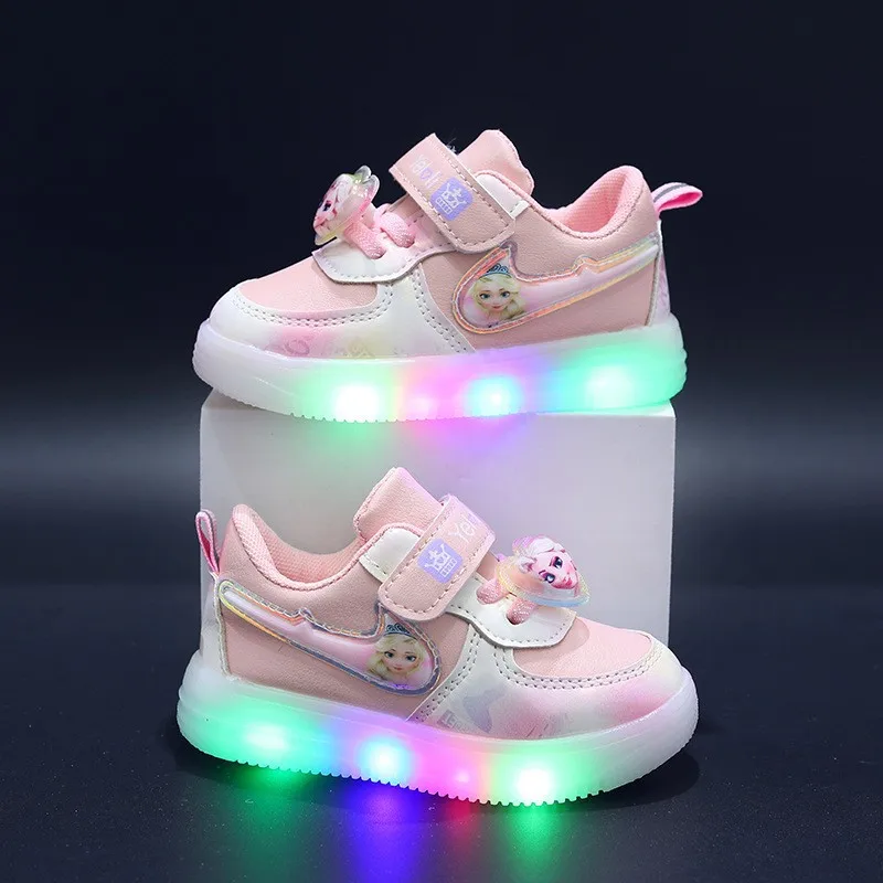 Boutique Fashion Girl\'s Casual Sneaker Elsa Princess Cute Children\'s Led Lighted Shoes Spring And Autumn Baby Girl Board Shoes