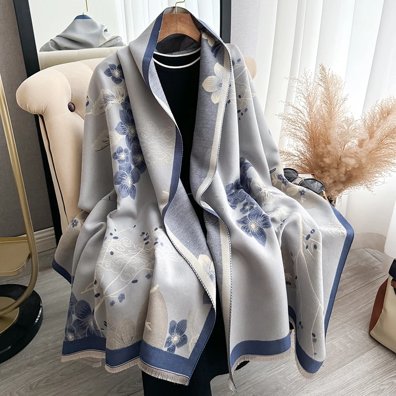 Autumn and Winter Thickened Designer Women\'s Scarf Luxury Flower Double-Sided Faux Cashmere Scarf Warm Shawl 2024 New