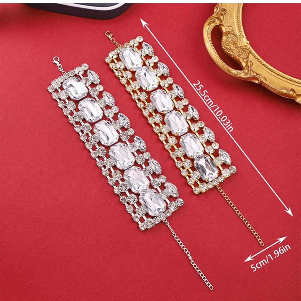 Exaggerate rhinestone big square Wide Bangle Bracelet Wedding jewelry for women Luxury crystal Geometric Square Hand Bracelet