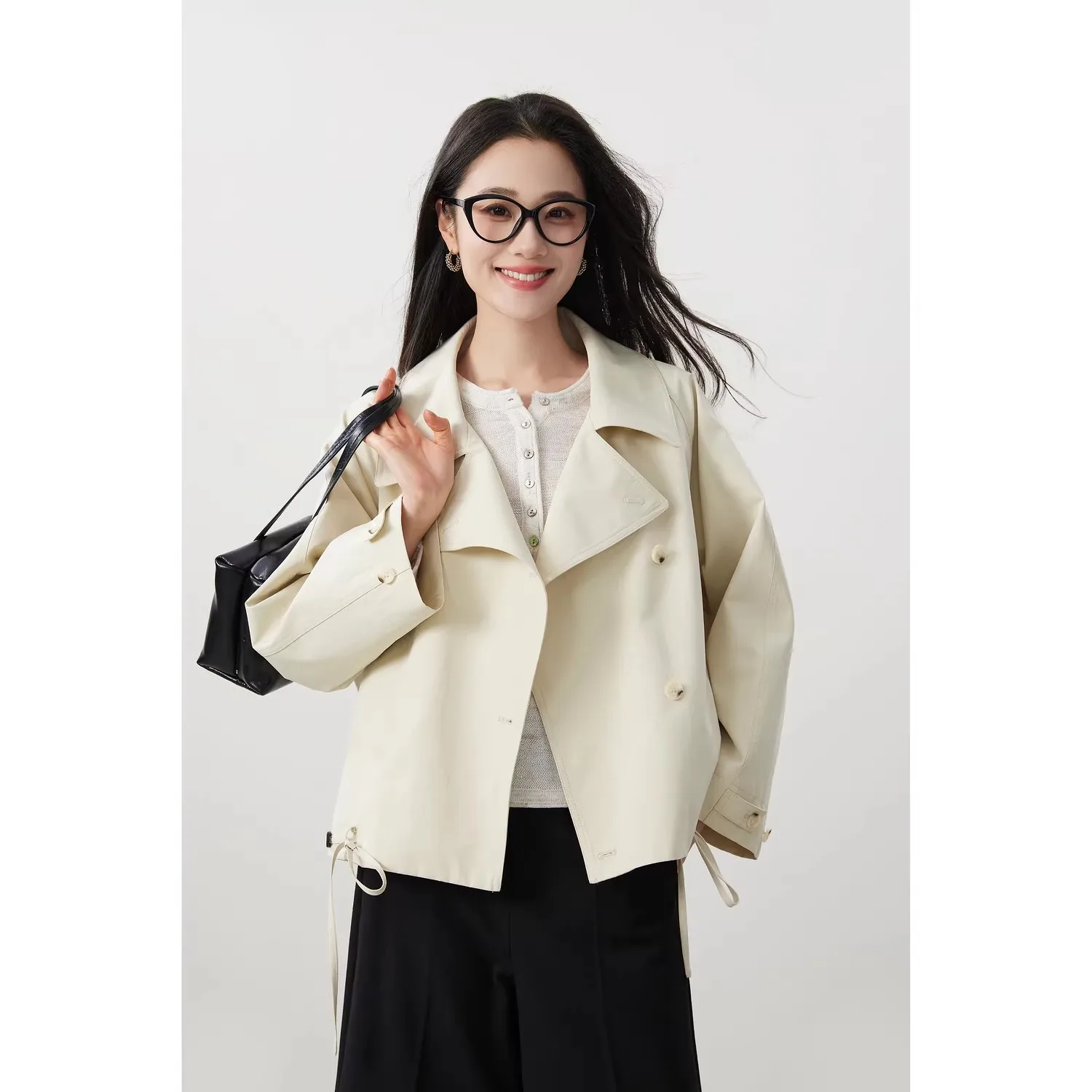 

Modern City, Classic Lapel Morandi Color Trench Coat Short Jacket 26 Spring Casacos De Inverno Feminino