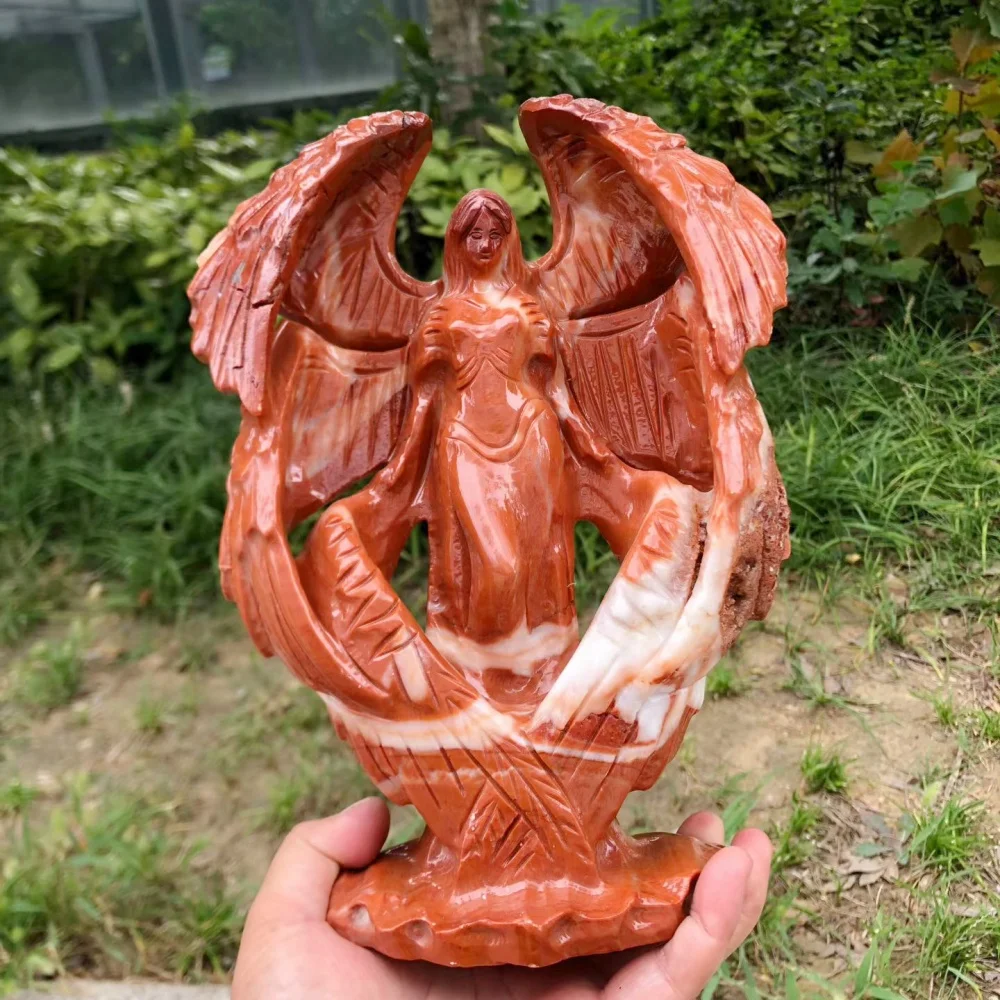 Red Jasper Fallen Angel Figurine Natural Crystal Hand Carved Angel Statue Gothic Home Decoration Collectible Reiki Stone Gift