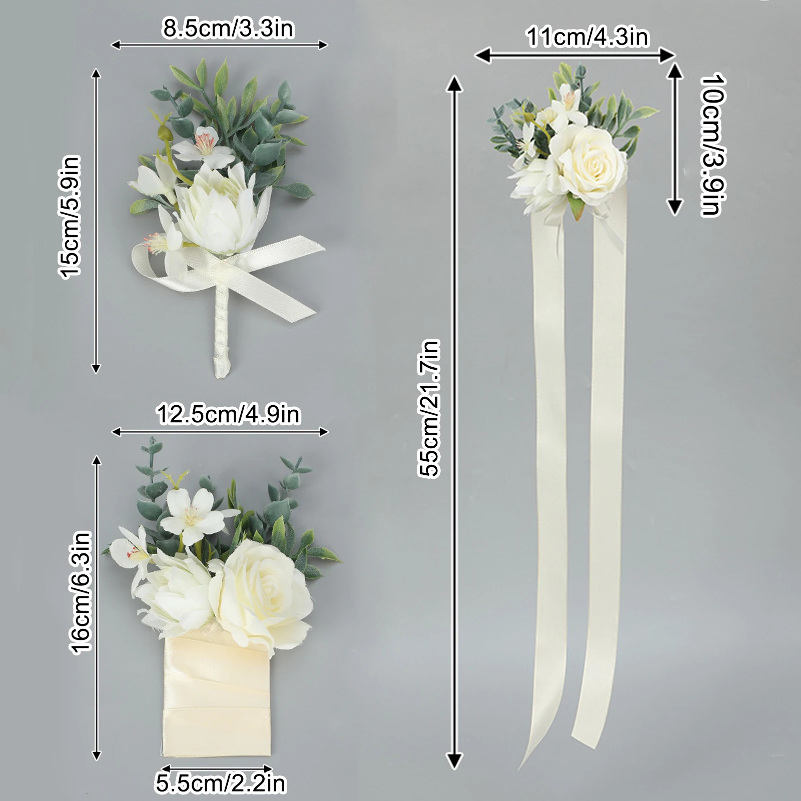 Set di 3 fiori per corpetto e polso, braccialetti per corpetto da polso con fiori da ballo, braccialetti per corpetto da ritorno a casa per abito da ballo di nozze