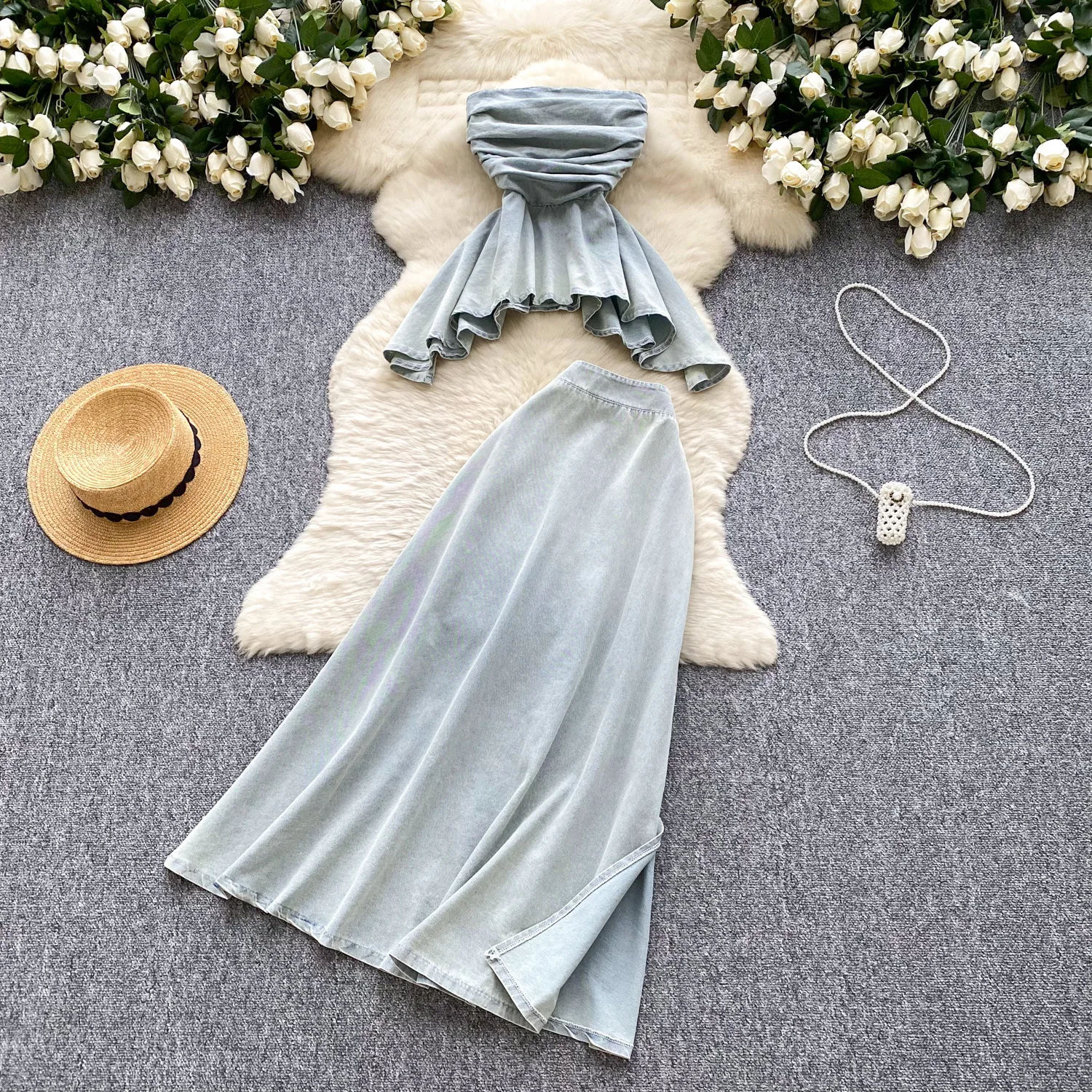 

Two Piece Sets Women Denim Skirt Set Strapless Sleeveless Sexy Tops Long Skirts High Waist Y2k Streetwear Elegant Dress Sets