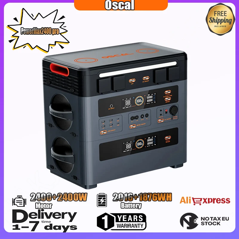 OSCAL PowerMax2400 Pro Modulare Solarstromstation, max. 1500W MPPT Solar-Eingang, kabellose stapelbare Batterieerweiterung, Durchgangslade-Solargenerator für netzunabhängige Notstromversorgung für das