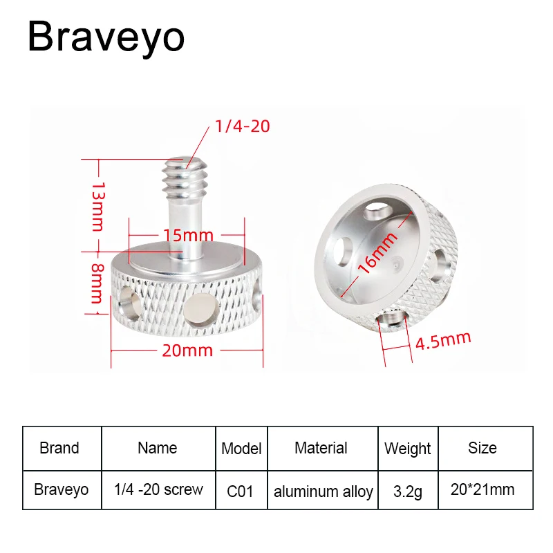 1/4-20 Inch Fixed Screw Aluminum alloy Hand Screw Camera Pan Tilt Adjustment Screw With 6 Holes