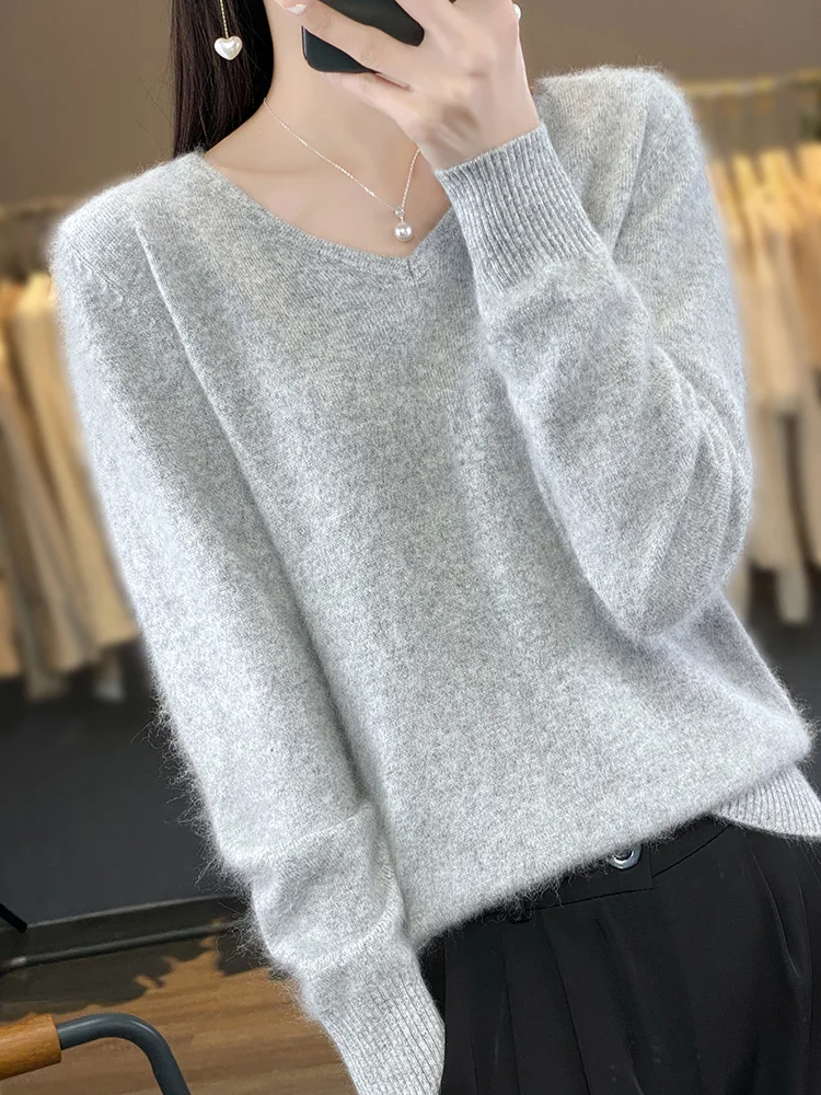 Women's 100% Mink Cashmere Sweater V-Neck Pullover Autumn Winter Long Sleeve Cashmere Knitwear Korean Popular Female Clothes