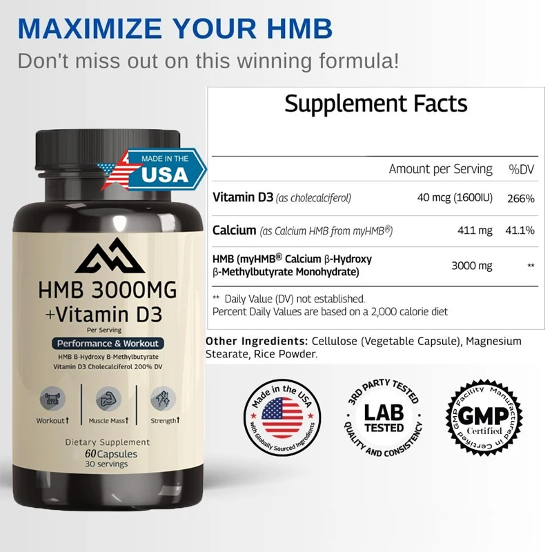 HMB 3000 mg and Vitamin D3 60 capsules promote muscle growth and recovery Relieve muscle loss - HMB supplement Non GMO