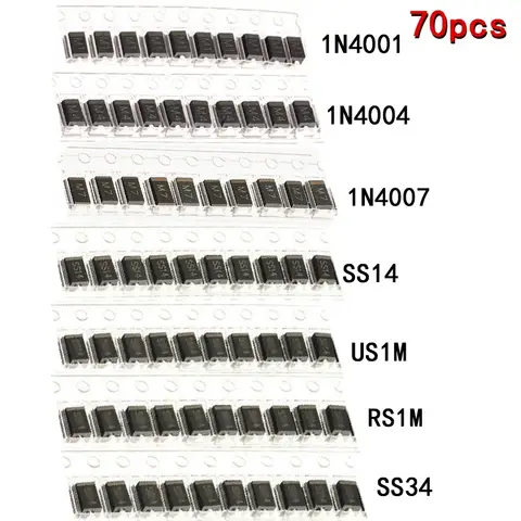 70PCS SMD Diodes 1N4001 M1 1N4004 M4 1N4007 M7 SS14 1N5819 SS34 SR340  US1M RS1M Schottky Diode 7 Values*10pcs Electronic Kit