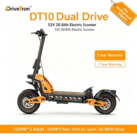 DriveTron DT10 Dual Drive Orange Electric Scooter 2400W 3300W Dual Hub Motor 52V 20.8Ah Battery Max 70KM/H 60‑80KM Range 10Inch Tubeless Tire Dual Shock EABS&Disc Brake IPX5 Waterproof Alu Alloy LCD NFC Unlock 120KG Foldable E‑Scooter US Warehouse 1Y Warr