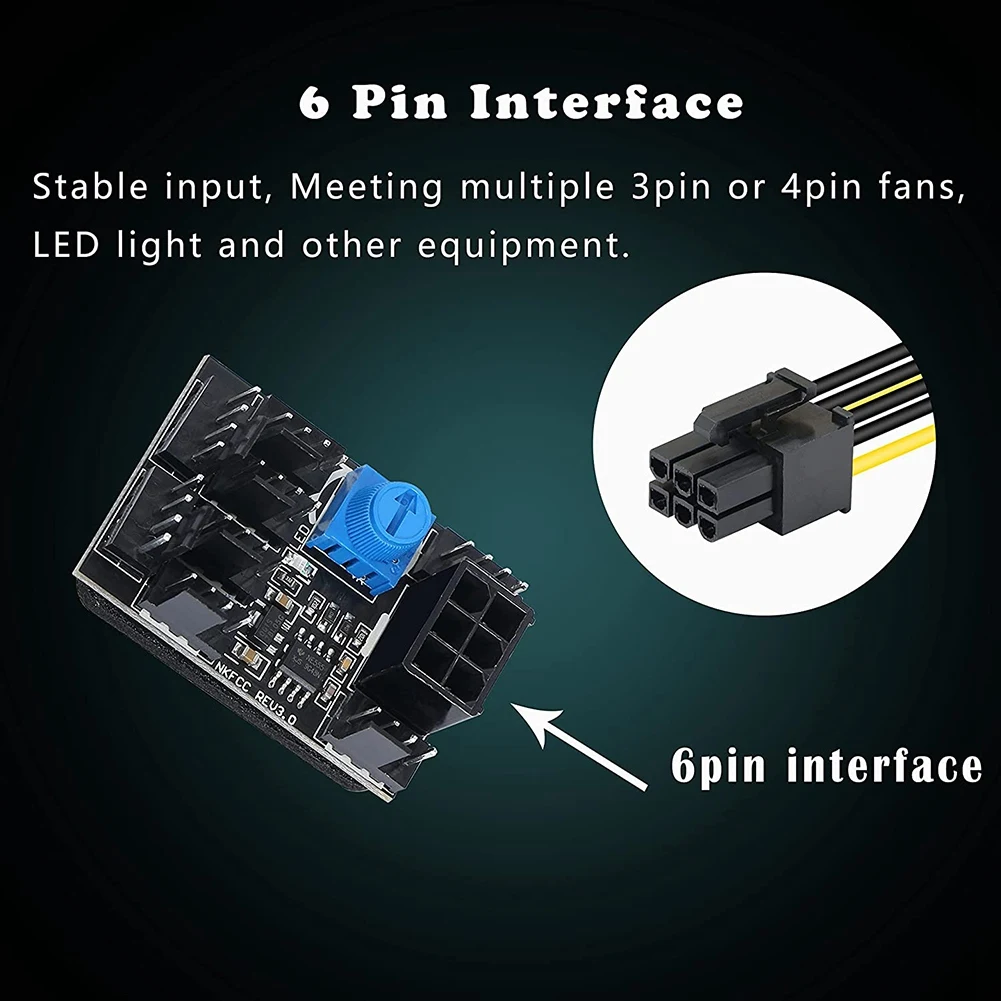 3-Pin 4-Pin Fan Adapter PWM PC Case Cooling Fan Hub 8-Way Splitter 12V Speed ​​Controller with 6-Pin Power Port