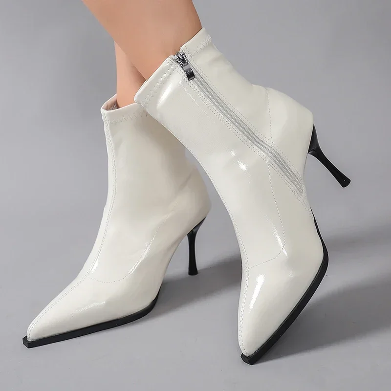 

Fashion Patent Leather Women Ankle Boots Zipper Shoes Sexy Thin Heels Pointed Toe Modern Short Botas Mujer