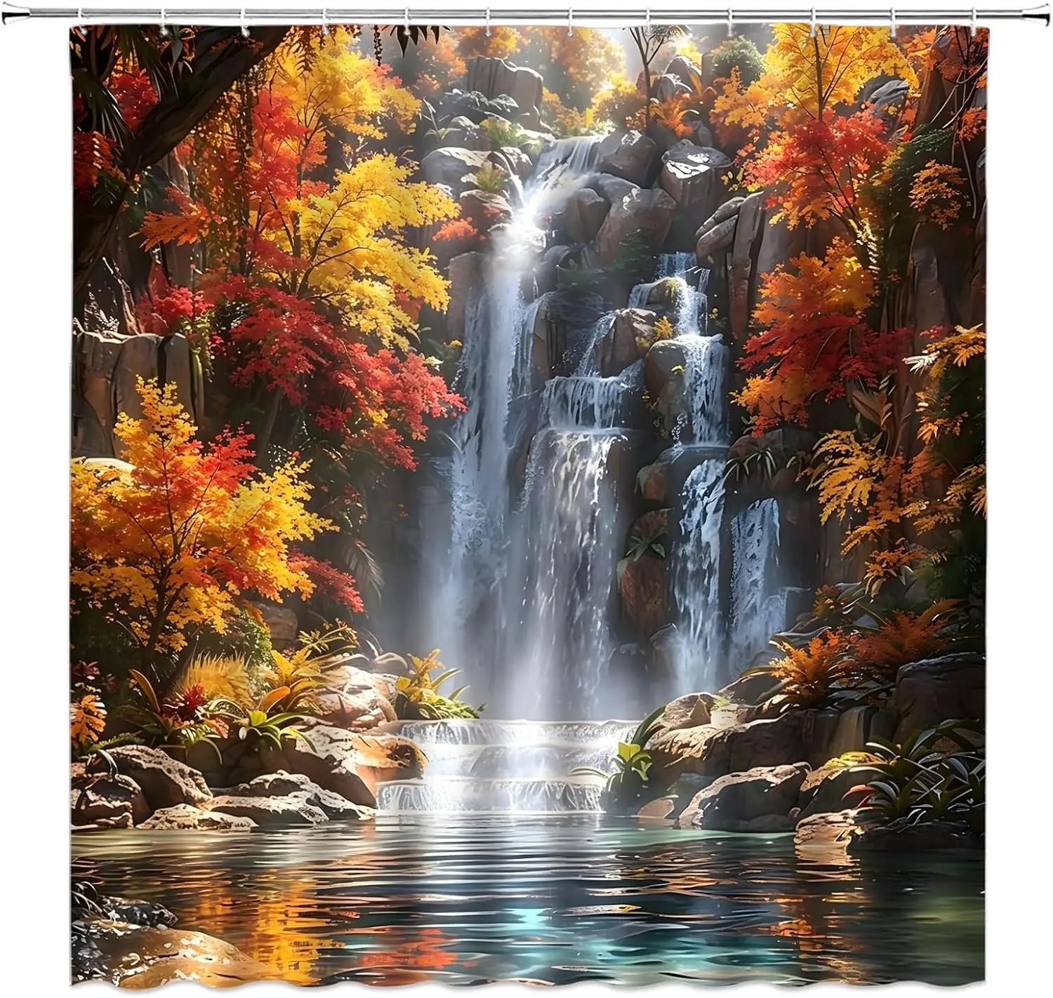 Realistic Autumn Waterfall Shower Curtain Waterproof Bathroom Decor Spa Nature Fall Foliage Landscape Curtain for Home Bath