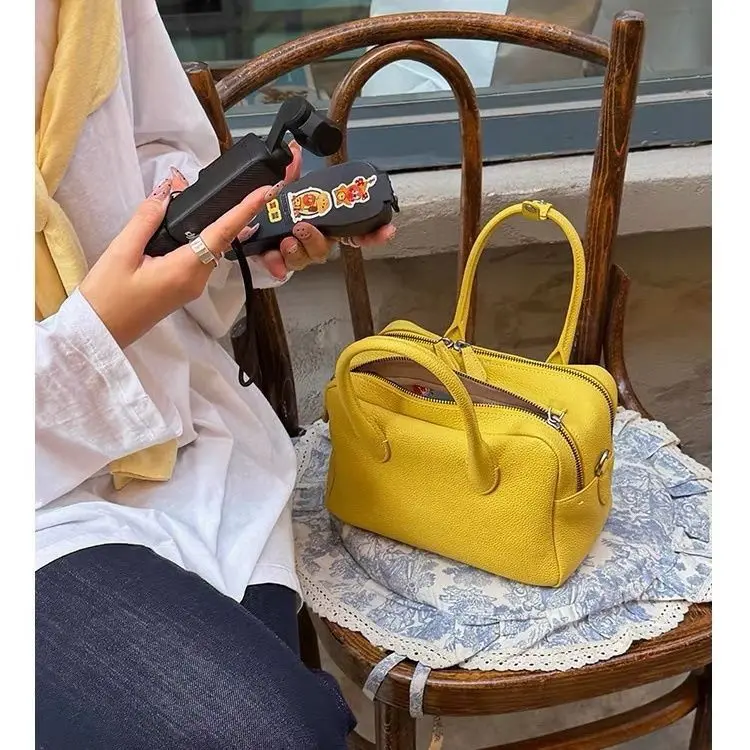 2026 Spring Summer Versatile Commuter Bag Women Litchi Texture Yellow Bowling Bag Handheld Single Shoulder Crossbody Bag