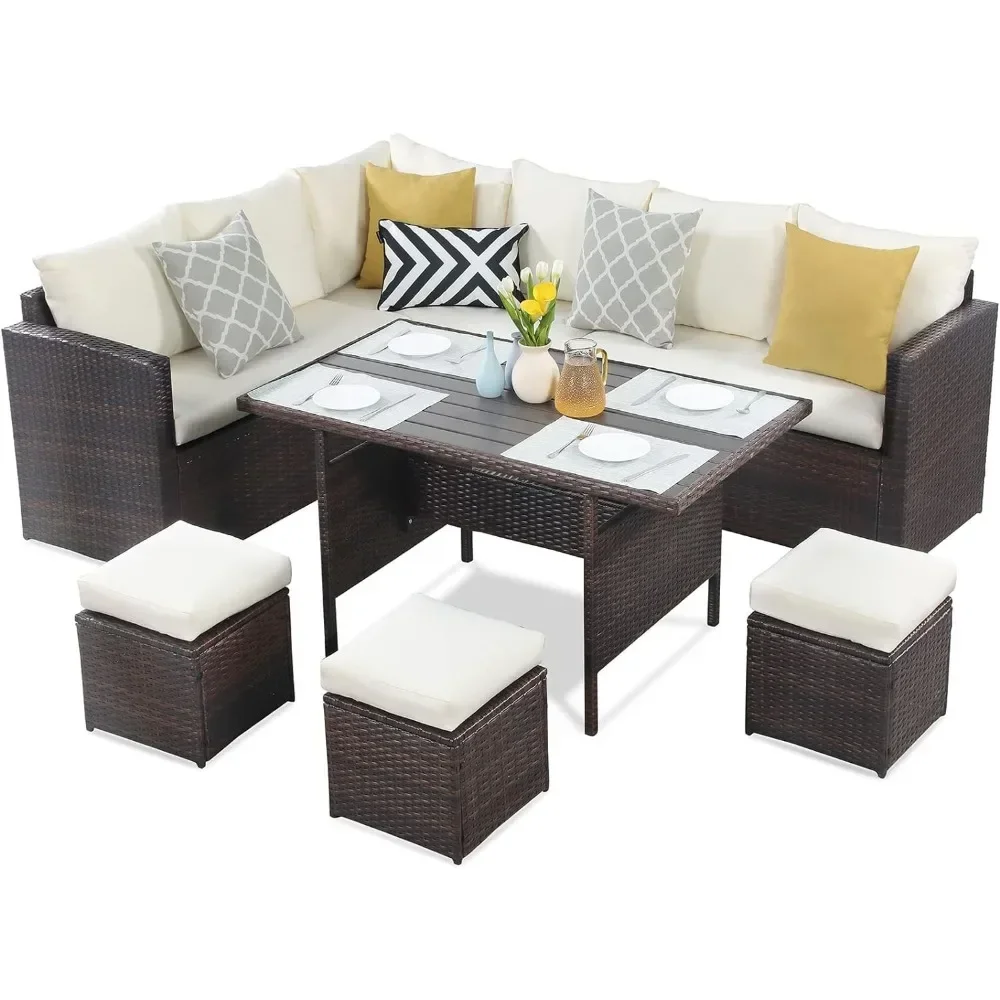 Xmsj Gartenmöbel Set 7 Stück, Tisch und Rattan Schnitts tuhl Sofa, Allwetter Korb Set mit Ottomane, Gartenmöbel Set