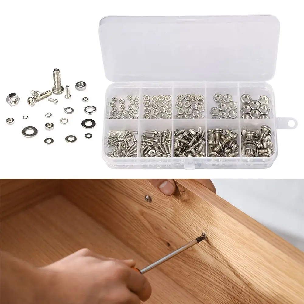 320pcs/box Stainless Steel Nuts Bolts Assortment Kit Cross Shaped Round Head Silver Metic Nut and Bolt Assortment