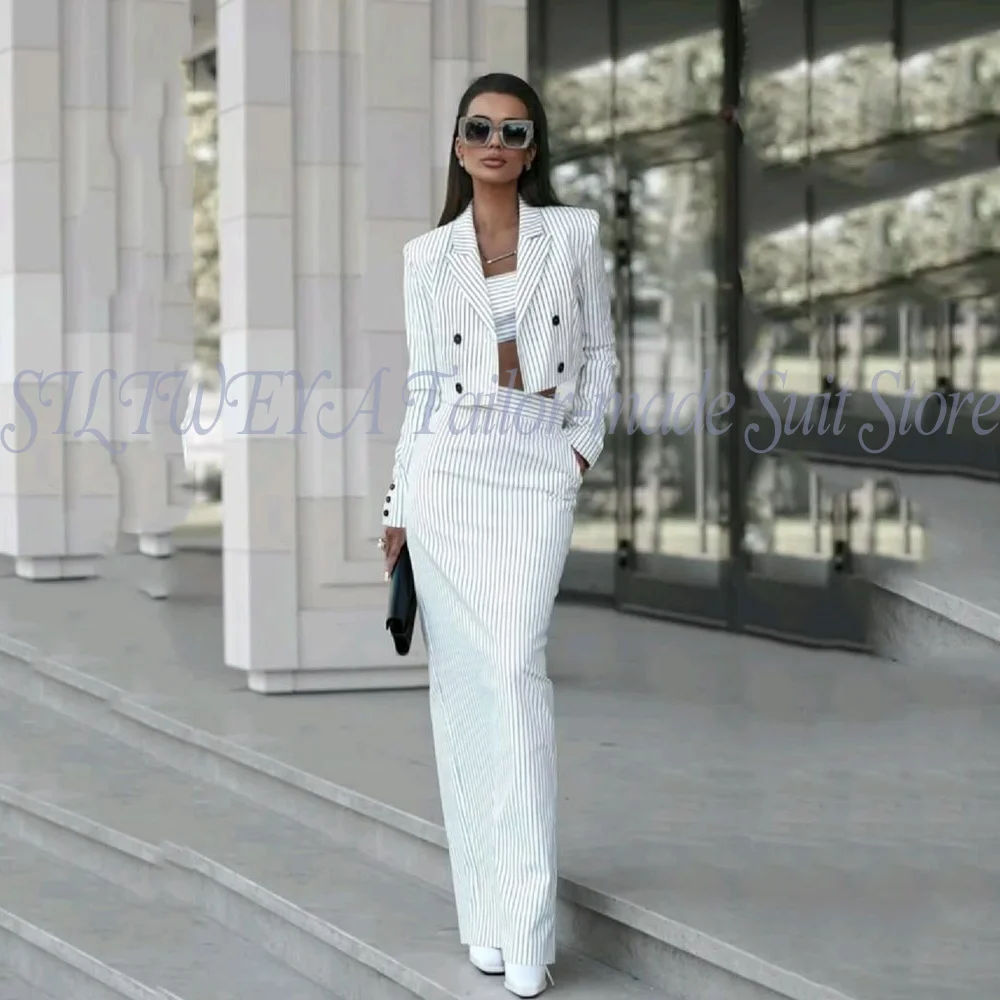 

Formal White Stripe Women Suits for Business 2 Piece Sets Jacket Skirt Work Party Wedding Wear Ladies Outfits Blazer Customized