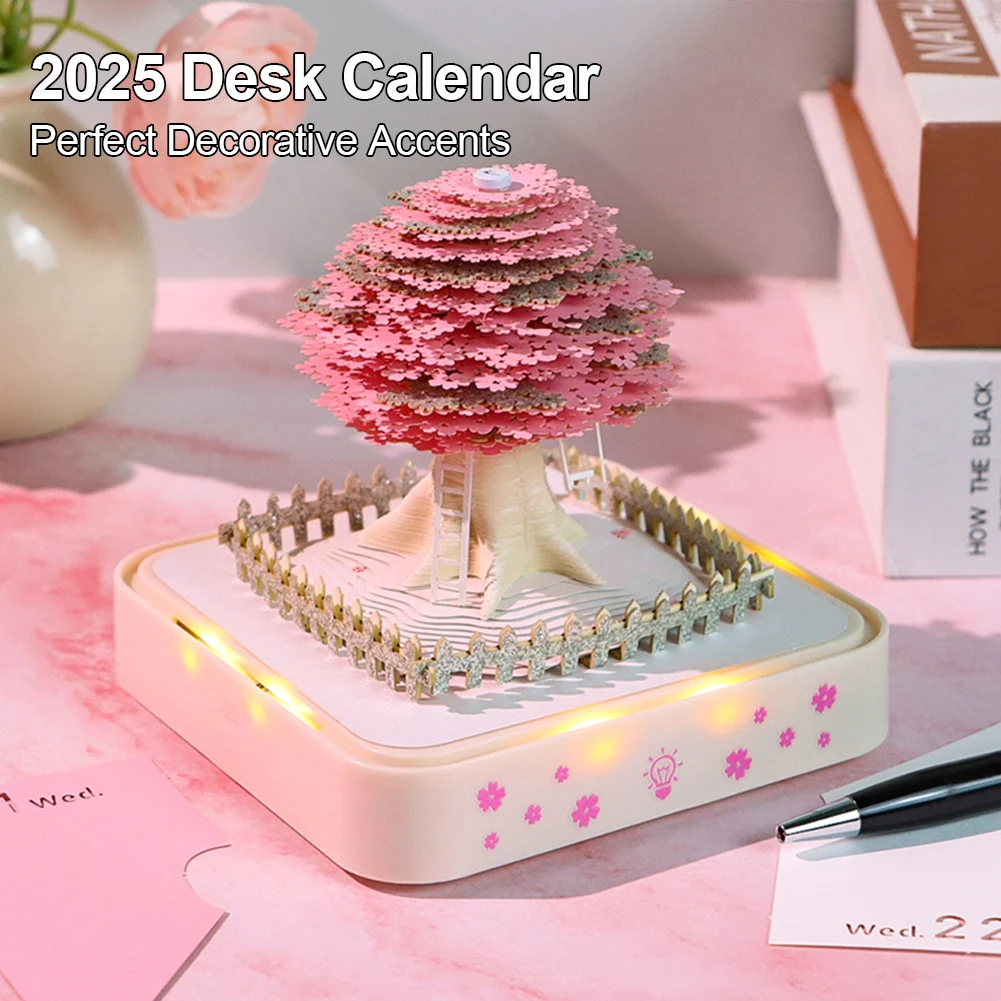 3D Desk Calendar 2025 Tear-Away 3D Paper Art Notepad with LED Light Paper Carving Calendar for House Sculpture Present