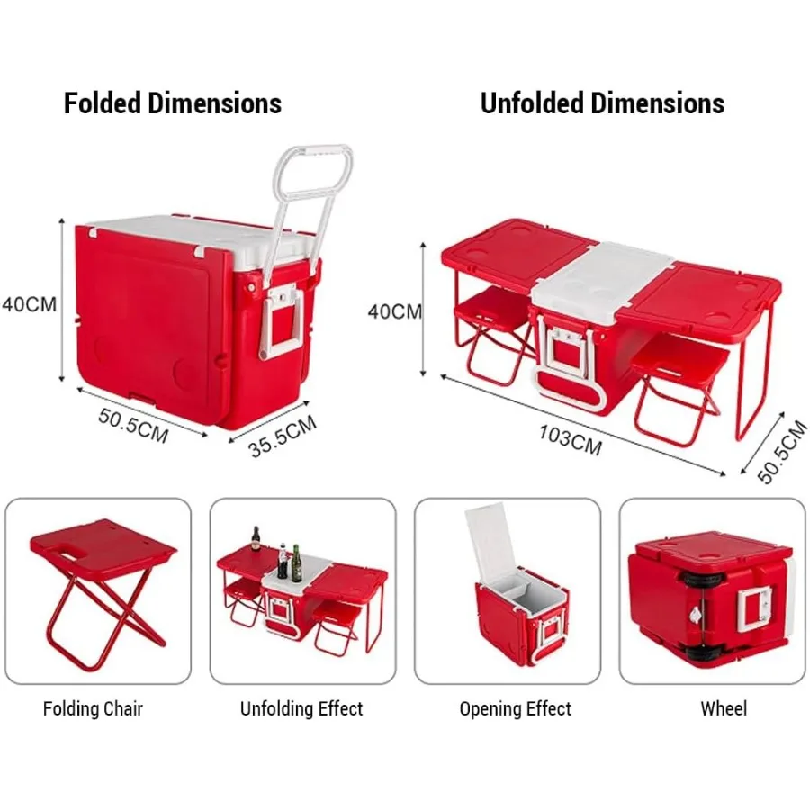 Rolling Ice Chest Cooler Box for camping picnic outdoor travel, 32L portable heat insulation, built-in table and chair, durable