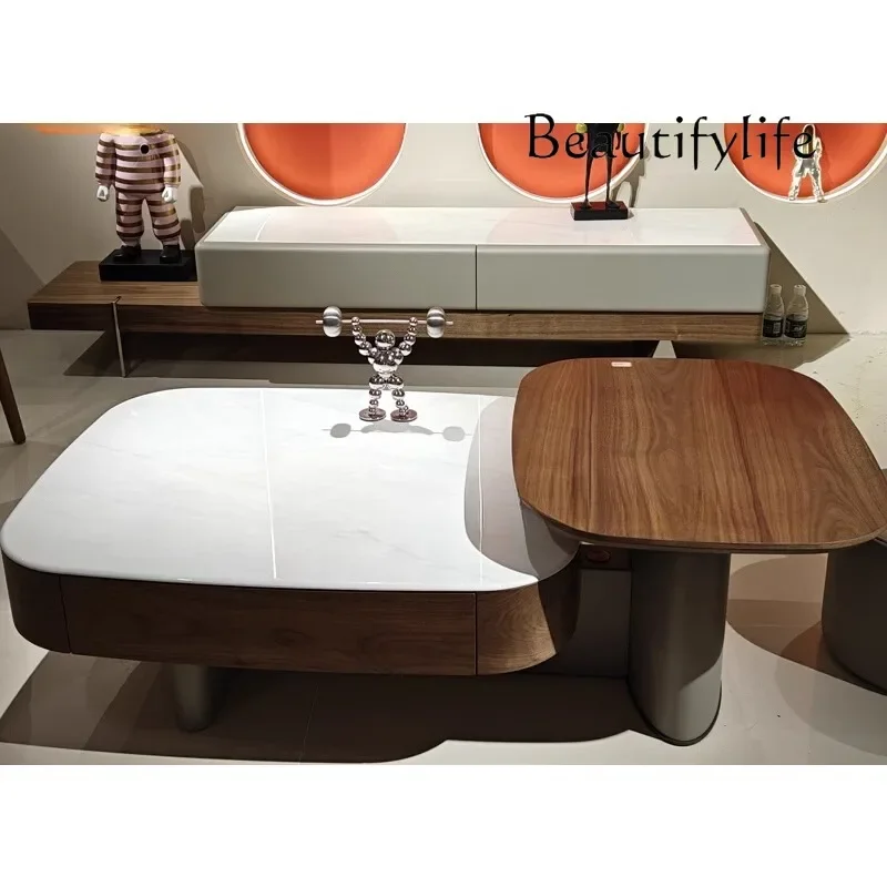 N40 Lifting microcrystalline stone coffee table walnut leather small apartment living room household storage modern simple marbl
