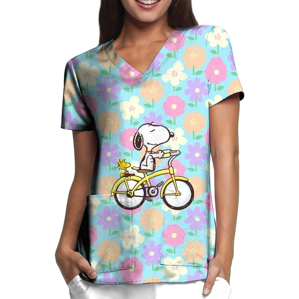 Medical Nurse Uniforms Women Scrub Shirts&Cap Clinical V-neck Blouse Snoopy print Cartoon Pocket Scrubs Top Beauty Work Wear