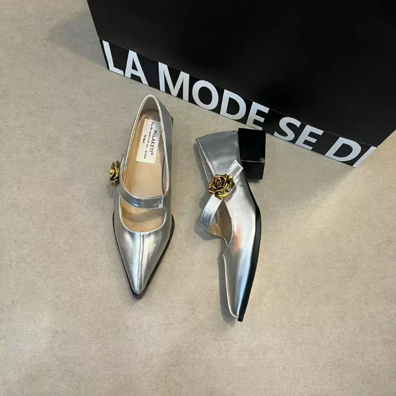 2025 New Spring Metal Rose Red Single High Heel Women's Shoes Wide Heel Champion Mary Jane Shoes Wedding Shoes Bride image 4