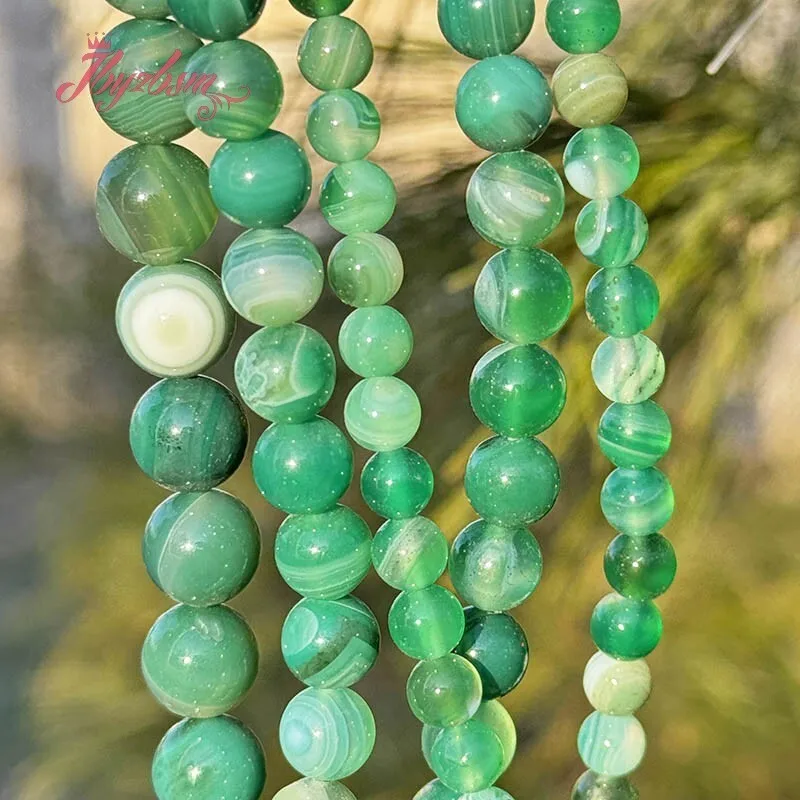 

6/8/10mm Round Stripe Banded Smooth Green Agate Natural Stone Loose Beads 15 inches for DIY Necklace Bracelet Jewelry Making