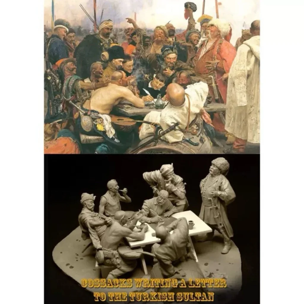 GK1/24 Cossacks writing a letter to the Sultan of Turkey (Seven men containing scene) resin white model soldier manual