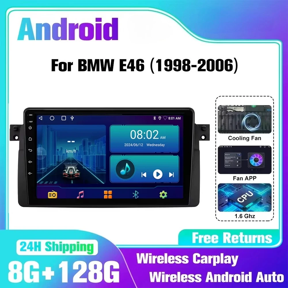 E46 For BMW E46 M3 318/320/325/330/3351998-2006 Car Multimedia Player GPS Navigation Auto 8-Core Android14  CarPlay AndroidRadio