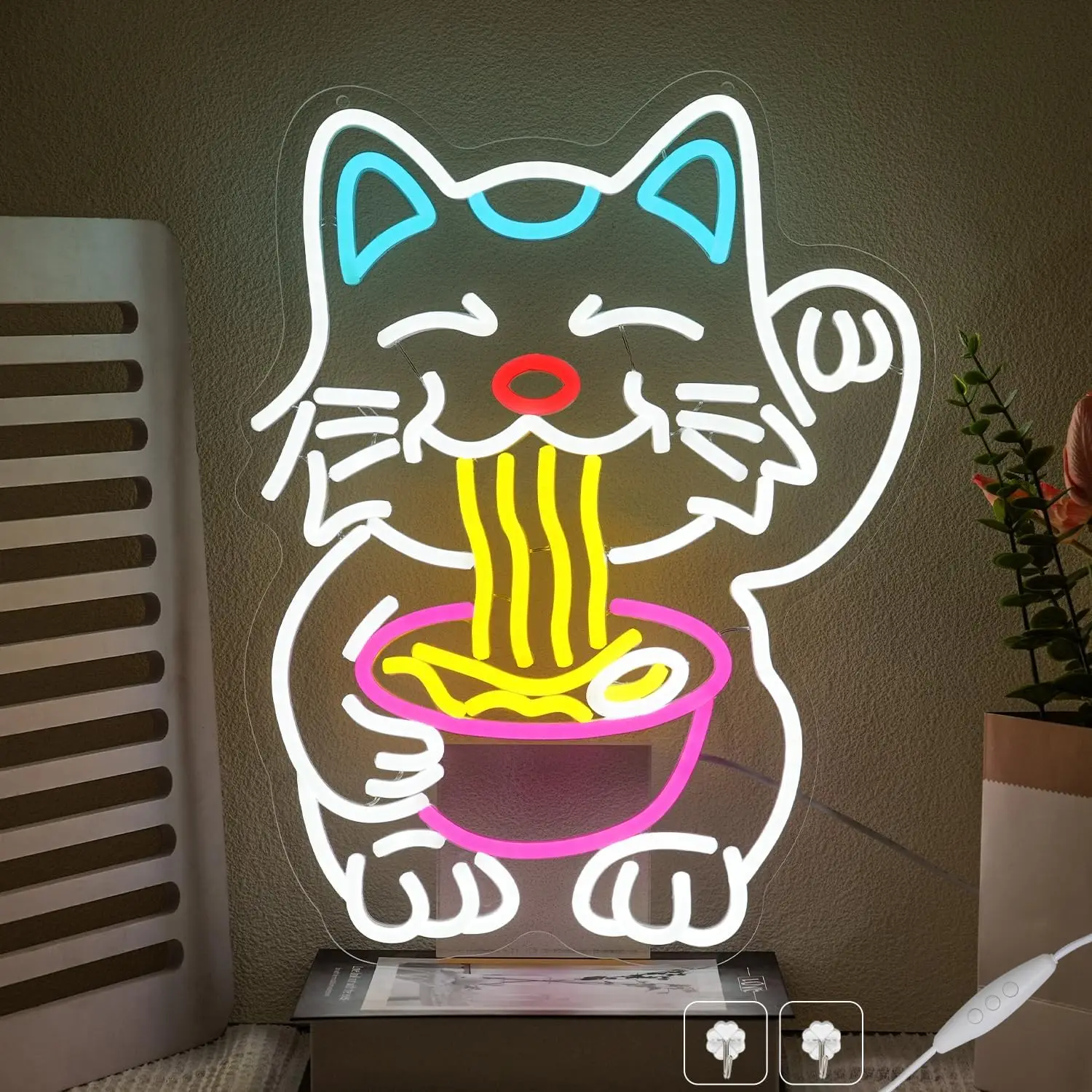 Fortune Cat Ramen Neon Sign for Wall Decor, Dimmable Lucky Cat Neon Light, Japanese Noodles Led Signs for Restaurant, Kitchen