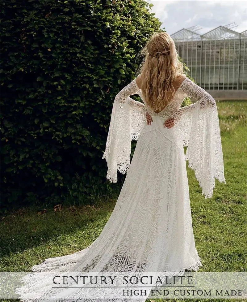 Lace Boho Wedding Dresses for Women Bride 2025 Off Shoulder Long Sleeve Backless Bohemian Bridal Gowns Customized