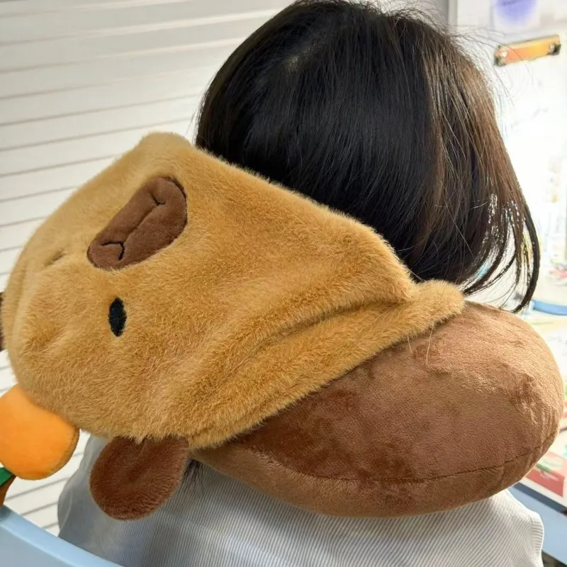 

2025 Amazon Hot Selling Cartoon Capybara Hooded Neck Pillow for Airplane Plush U-Shaped Neck Pillow for Office Nap