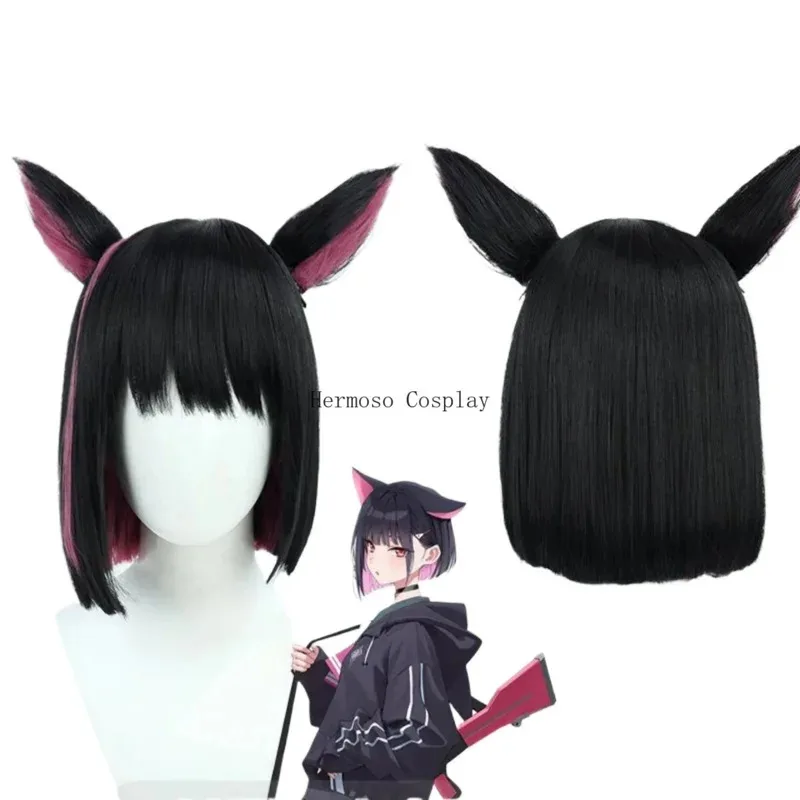 

Blue Archive Kazusa Cosplay Wig Black Pink Straight BOBO Synthetic Hair Project MX Girls Game Headwear Cat Ears Set