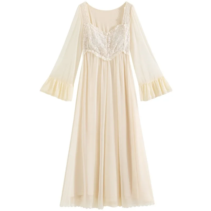 SXTHAENOO New Long Sleeve Mesh White Nightdress Lady Autumn Lace Modal French Pyjamas Court Princess Breast Cushion Homewear