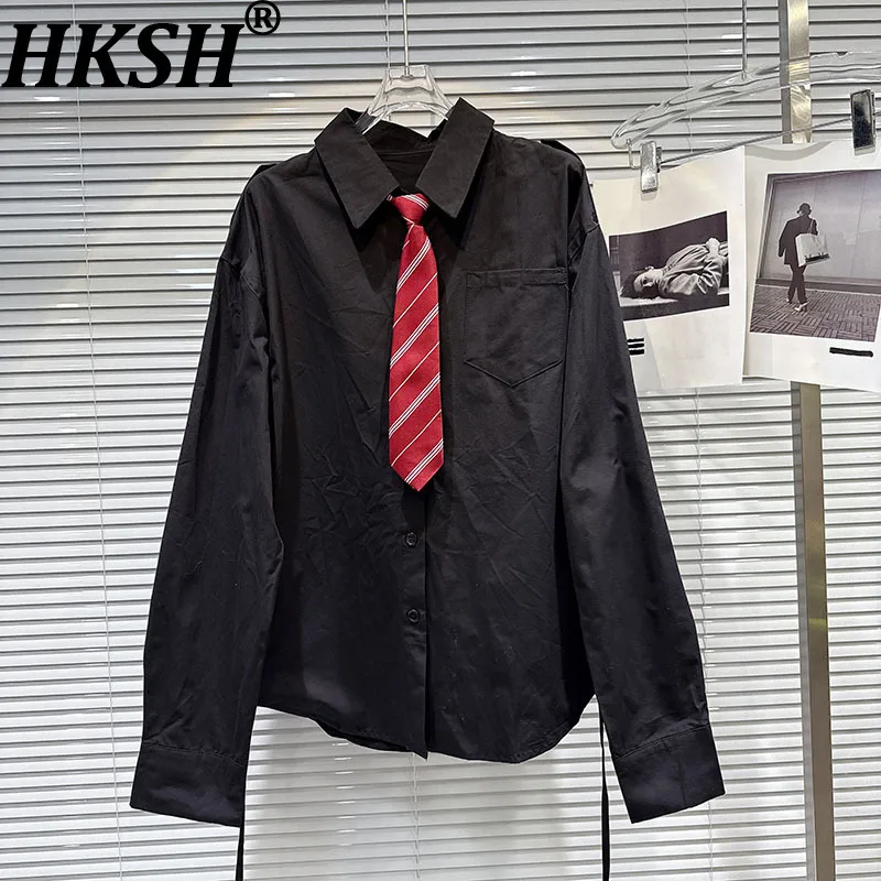 

HKSH Весна Осень Новая женская рубашка с отложным воротником, однобортный карман, полосатый галстук, длинный рукав, топы Y2K в консервативном стиле HK12139