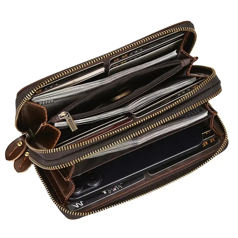 Men Vintage Genuine Leather Long Wallet Large Capacity Double Layer Zipper Coin Purse Waterproof Top Layer Cowhide Handbag
