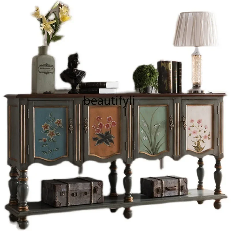 خزانة مدخل على الطراز الأمريكي لغرفة المعيشة، وحدة تخزين طويلة، خزانة جانبية مطلية عتيقة #6