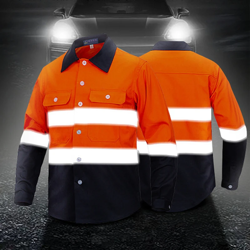 Custom LOGO Reflective Hi Vis Shirt for Men Long Sleeve Cotton Work Shirt Pockets Safety Reflective Working Shirt Workwear