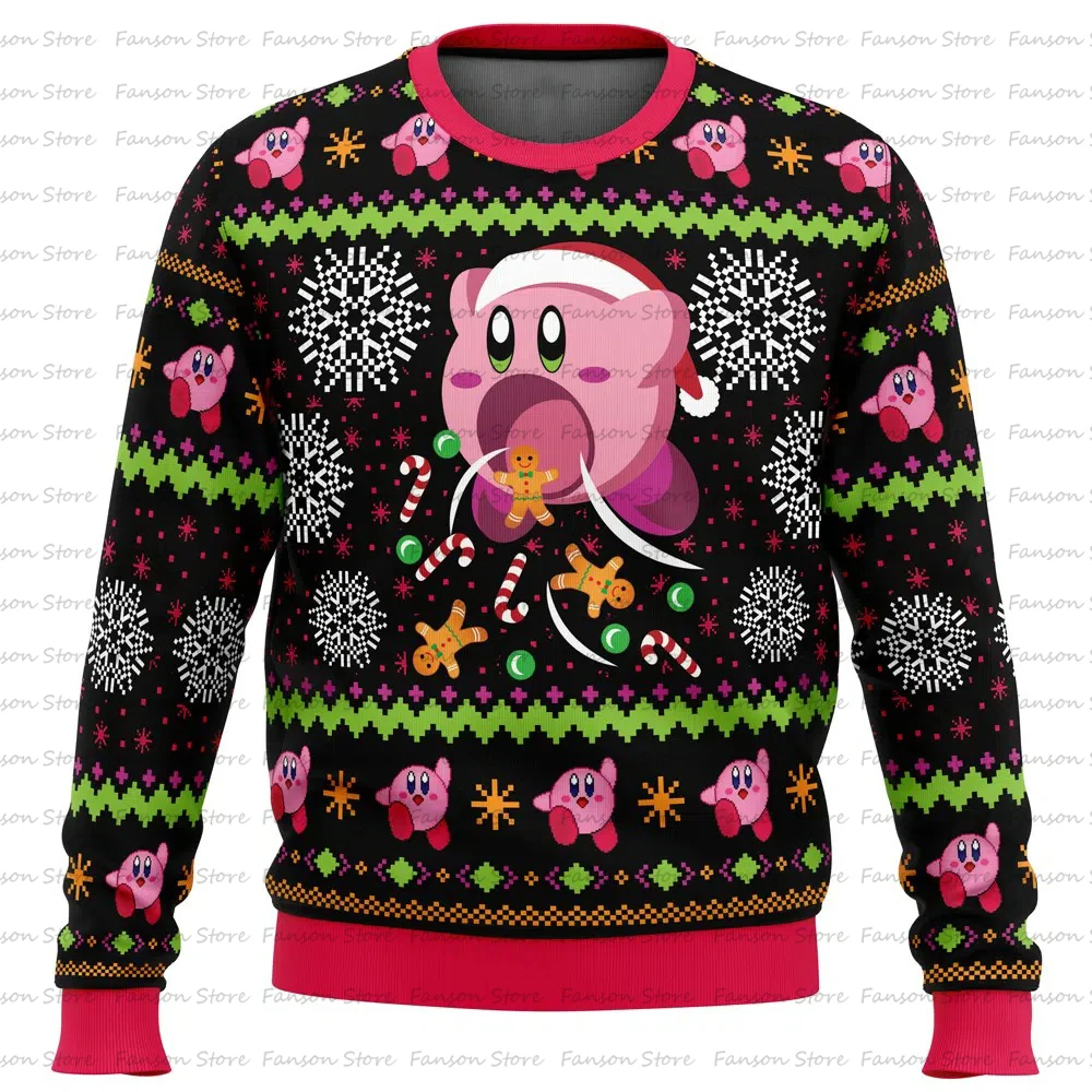 Cute Pink Hungry Kirby’s Dream Land Ugly Christmas Sweater Cartoon Anime Women Men Pullover Top Fashion Couple Hoodie Sweatshirt