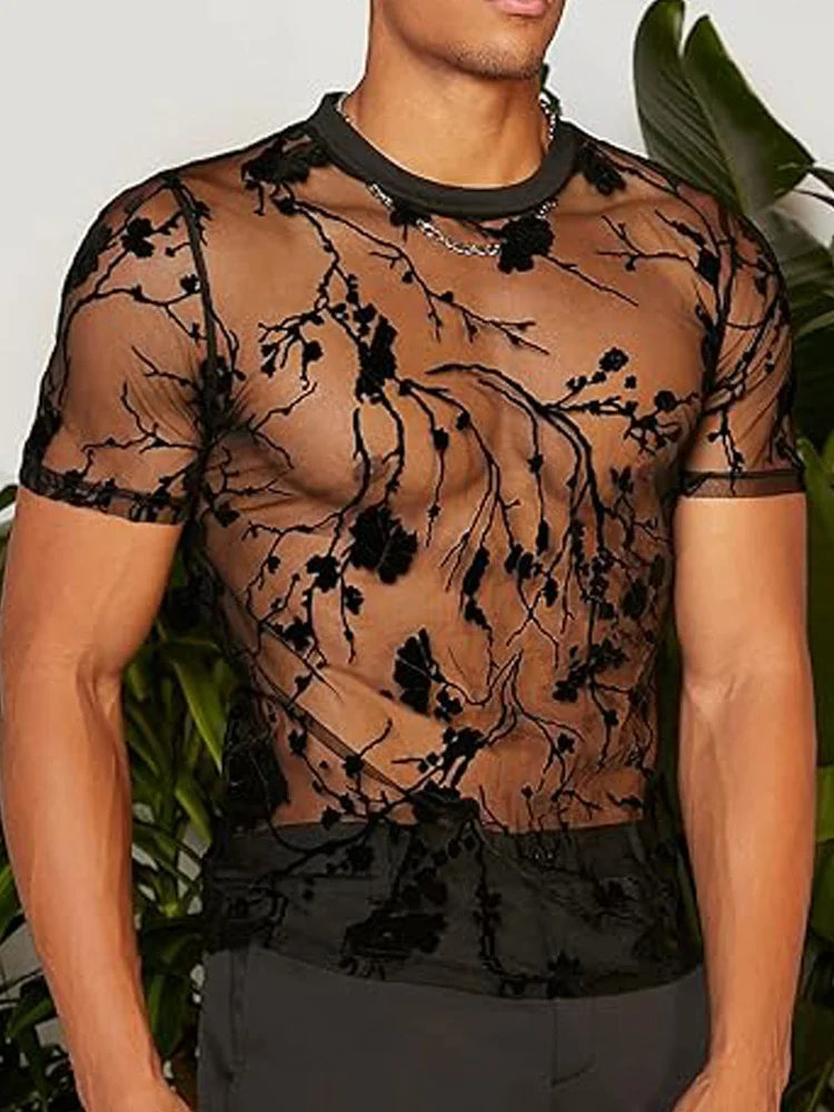 Retro Flower Men Sexy See Through Sheer Mesh Tees 2026 Fashion CrewNeck Short Sleeve Party Clubwear Summer Tshirts Male Tops