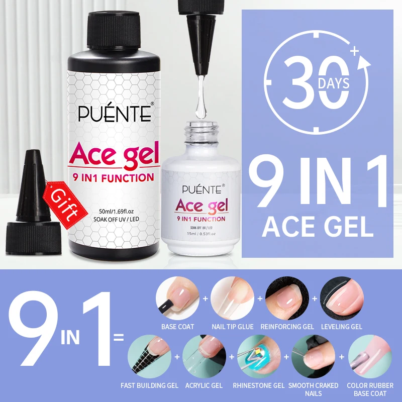 PUENTE 2개/세트 50ML 9-in-1 에이스 젤 슈퍼 샤이니 탑 코트 젤 네일 폴리쉬 셀프 레벨링 익스텐션 네일 젤 소크 오프 UV 바니쉬