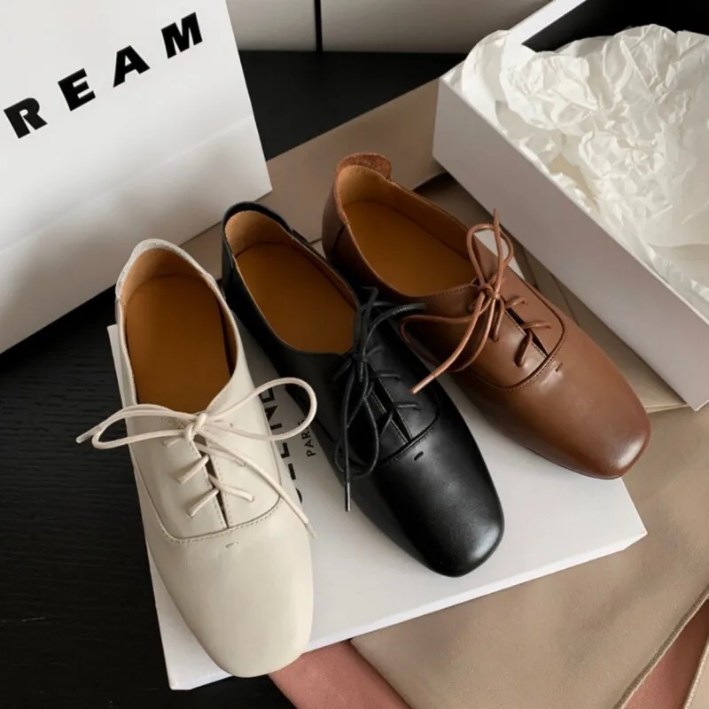 

Round Head Lace-up Flats Solid Women Casual Shoes Fall Soft Leather Dress Shoes Zapatos Mujer