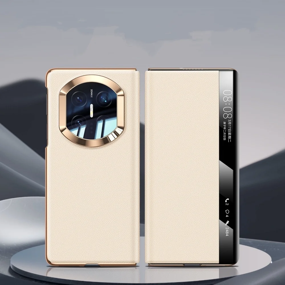 Natural Cowhide Leather Nappa Case For Huawei Mate X5 X6 X7 Window View Cover