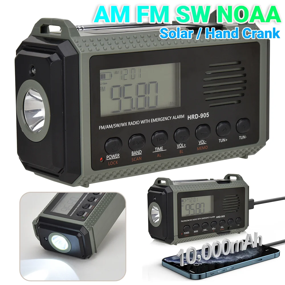 10000mah قوة البنك راديو كرنك اليد الشمسية AM/FM/SW/NOAA راديو الطقس شاشة الكريستال السائل راديو الطوارئ المحمولة