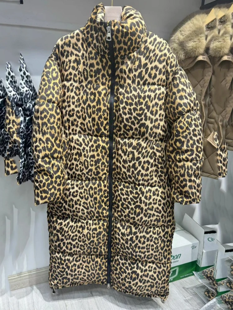 Leopard Print Loose Cotton Padded Jacket Women Casual Stand Collar Long Parkas Coat 2024 Winter Warm Y2K Top Streetwear