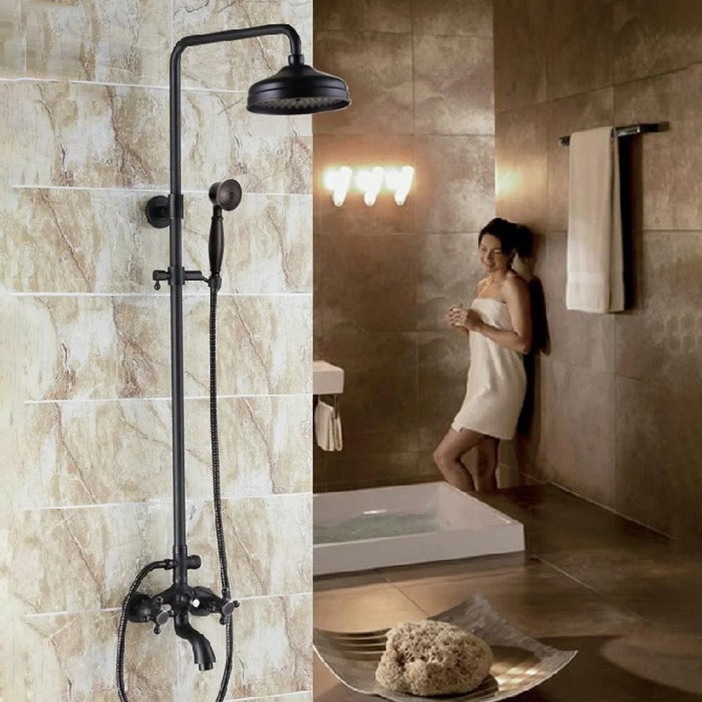 

Black Oil Rubbed Brass Dual Cross Handles Bathroom Rainfall Rain Shower Head Faucet Set Bathtub Mixer Tap Wall Mounted mrs452