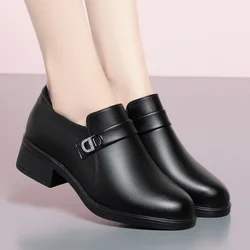 Spring Deep Mouth Block Heels Women Shoes Comfort Fashion Breathable Round Toe Soft Leather Soft Sole Office Black Shoes