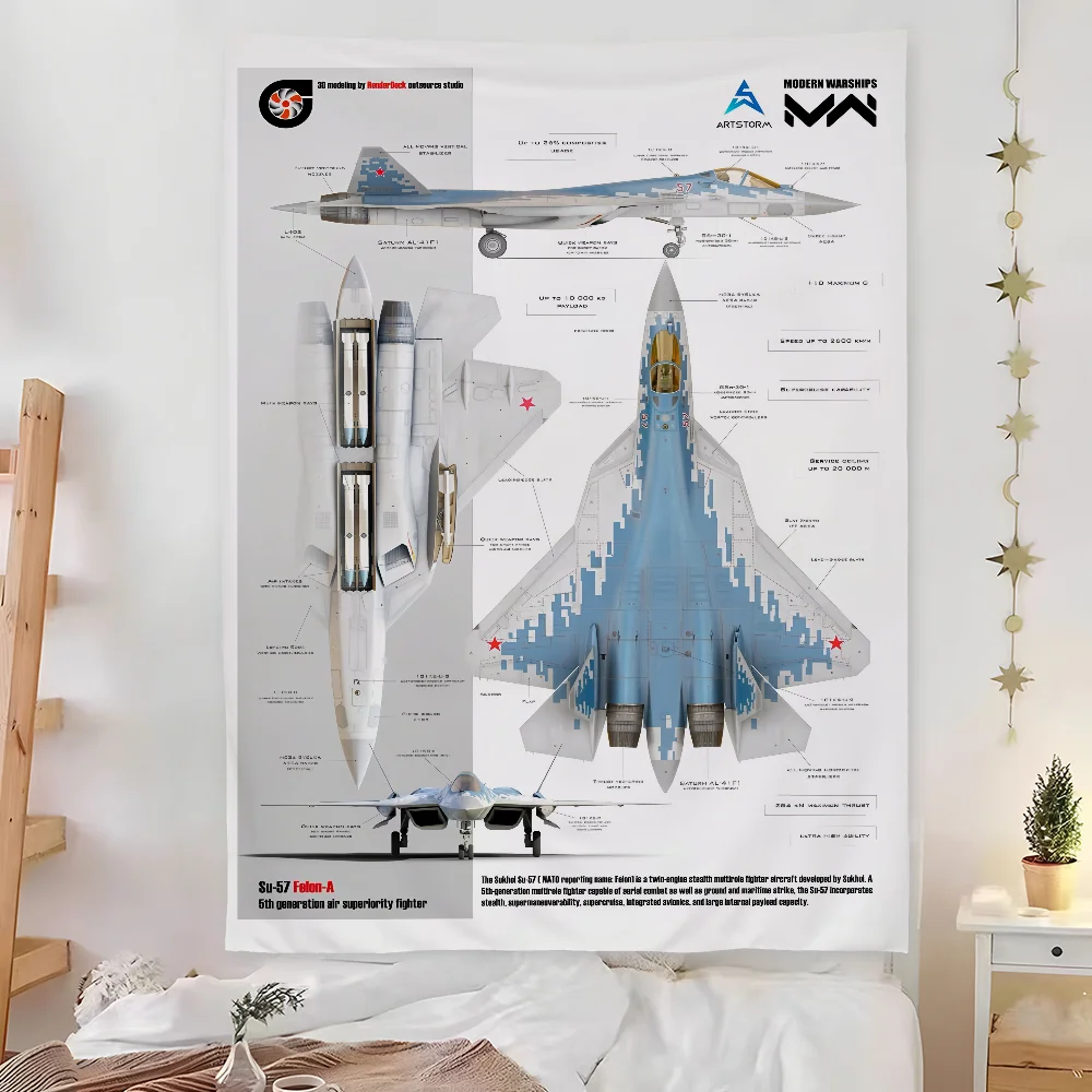Fighter Helicopter Carrier Su57 Tapestry Bedroom Living Bar Garden Outdoor Microfiber Festival Decoration Background Art Banner